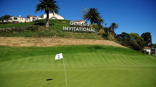 Feb 20, 2021; Pacific Palisades, California, USA; General view of second hole green during the third round of The Genesis Invitational golf tournament at Riviera Country Club. Play has been temporarily suspended due to inclement weather. Mandatory Credit: Gary A. Vasquez-USA TODAY Sports