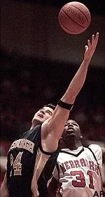 Abel Griffin goes up for a rebound in the second half against Nebraska.