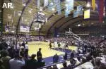 An overflow crowd watches as Pittsburgh shoots with the clock winding down in the last men's basketball game at Fitzgerald Fieldhouse.