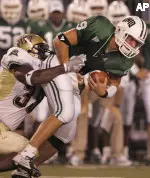 Ohio quarterback Austen Everson is sacked by Pittsburgh linebacker Serron Thomas during the first half.  (AP Photo/Kiichiro Sato)