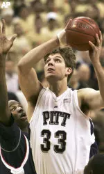 Pitt's Aaron Gray shoots over UConn's Jonathan Mandeldove in the first half. (AP Photo/Keith Srakocic)