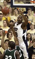 Pittsburgh's Sam Young, right, blocks a shot by Mississippi Valley State's Joseph Reed in the first half.