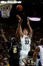 Aaron Gray shoots during Pitt's 2nd round NCAA victory over VCU.