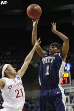 Pittsburgh's Shavonte Zellous shoots over Stanford's Rosalyn Gold-Onwude in the second half. (AP Photo/John Froschauer)