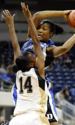 Pittsburgh guard Jania Sims defends Duke forward Richa Jackson.