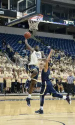 Sophomore Jamel Artis goes strong to the basket in Friday evening's Oakland Zoo Scrimmage.