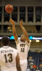 Sophomore Chris Jones hits one of his three 3-pointers in Pitt's 72-58 exhibition win over IUP Friday night at Petersen Events Center.