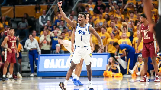 Xavier Johnson celebrating the win against Florida State.