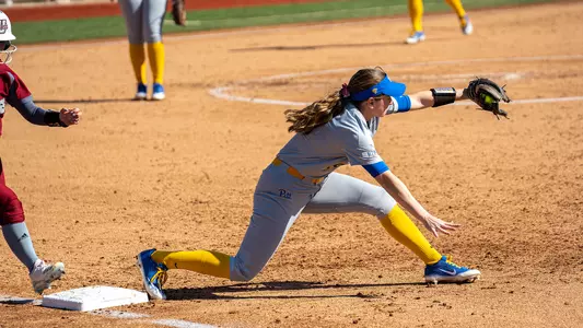 Chandler Walter catching the ball at first base vs. UMass.