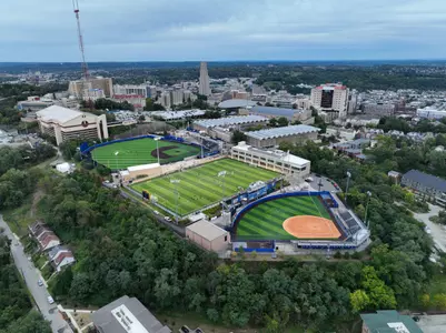 A photo of the Peterson Sports Complex from the air showing the three fields and the surrounding area