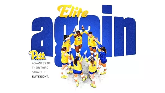 A graphic that reads "elite again, pitt volleyball advances to their third straight elite eight.