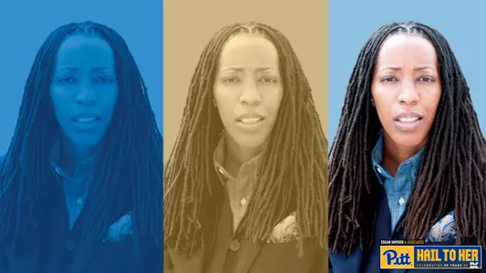 Three copies of a headshot of Dr. Bettina Love with different photo treatments and a logo that says "Edgar Snyder and Associates presents Pitt Hail to Her, celebrating 50 years of title IX