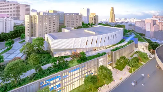 Cheerful rendering of Victory Heights with the Cathedral of Learning and Oakland in the distance.