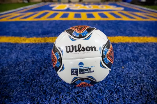 A photo of a soccer ball showing the logo for the 2019 NCAA men's soccer championship
