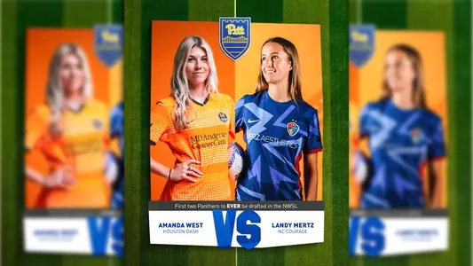 Graphic of Amanda West and Landy Mertz in NWSL uniforms announcing season opening matchup