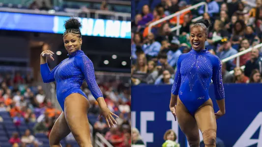 Jah'Liyah Bedminster and Jordyn Ewing in the Roc the Royal Leotard at ACC Championships