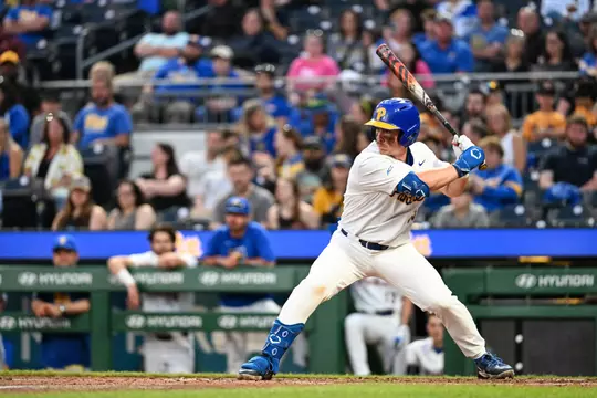 A Pitt baseball player stands ready to bat at PNC park