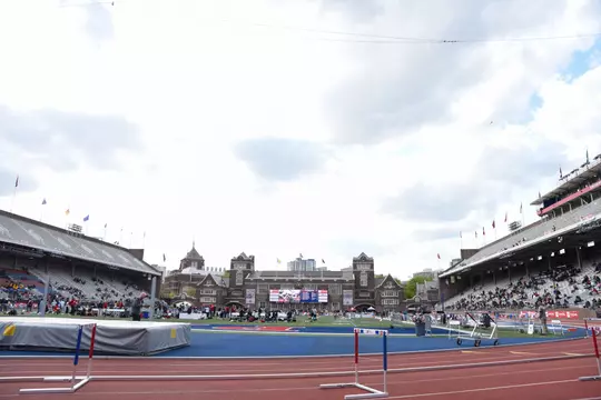 Wide shot of the Penn Relays track setup.