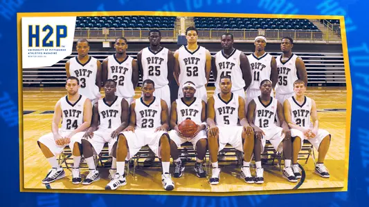 A team photo of the 08-09 Pitt Men's Basketball Team with H2P magazine branding