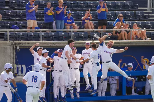 Pitt basbeall players celebrate after a home run