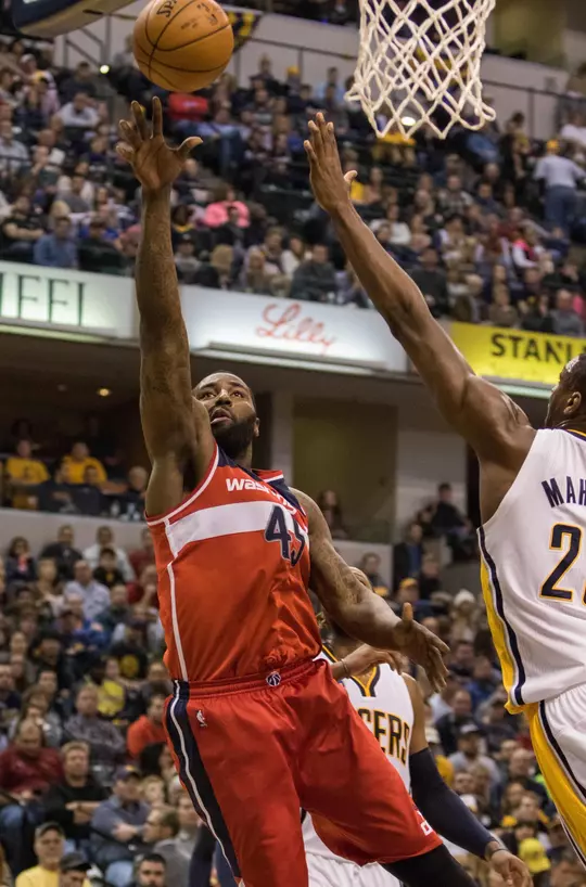 Jan 15, 2016; Indianapolis, IN, USA; Washington Wizards center DeJuan Blair (45) shoots the ball in the second half of the game against the Indiana Pacers at Bankers Life Fieldhouse. The Washington Wizards beat the Indiana Pacers 118-104. Mandatory Credit: Trevor Ruszkowski-USA TODAY Sports