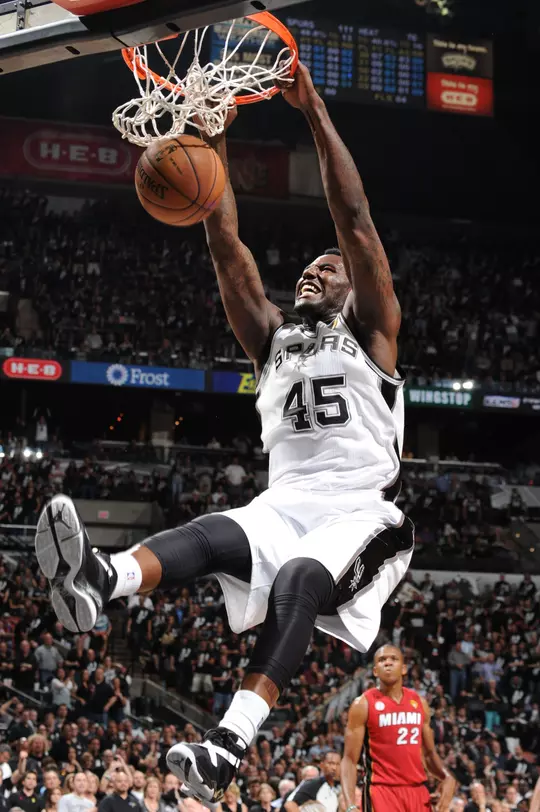 SAN ANTONIO, TX - JUNE 11: Dejuan Blair #45 of the San Antonio Spurs dunks during Game Three of the 2013 NBA Finals against the Miami Heat on June 11, 2013 at the AT&T Center in San Antonio, Texas. NOTE TO USER: User expressly acknowledges and agrees that, by downloading and or using this photograph, User is consenting to the terms and conditions of the Getty Images License Agreement. Mandatory Copyright Notice: Copyright 2013 NBAE (Photo by Andrew D. Bernstein/NBAE via Getty Images)