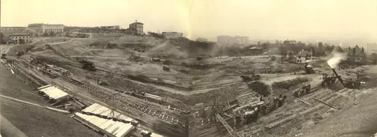 two photos sticked together to make a panorama of the future site of Pitt Stadium.