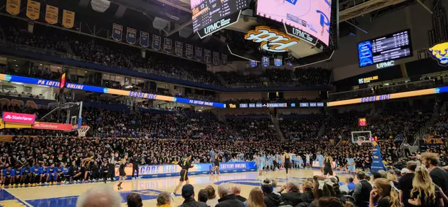 A shot of men's basketball being played in the Petersen Events Center