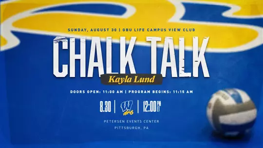 Graphic listing the date and time for a Chalk Talk for season ticket holders with Pitt Volleyball All-American Kayla Lund on Sunday, August 30