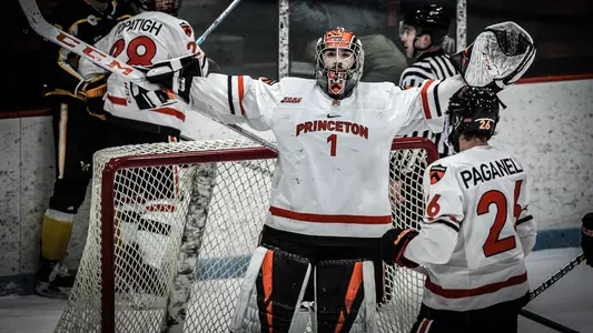 Jeremie Forget celebrates Princeton's win over AIC