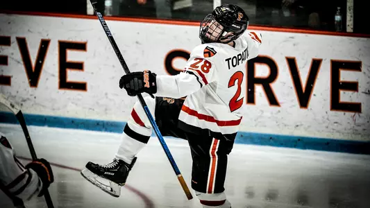 Derek Topatigh celebrates after goal against Harvard