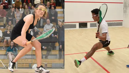 Action photos of squash players Olivia Fiecther and Youssef Ibrahim