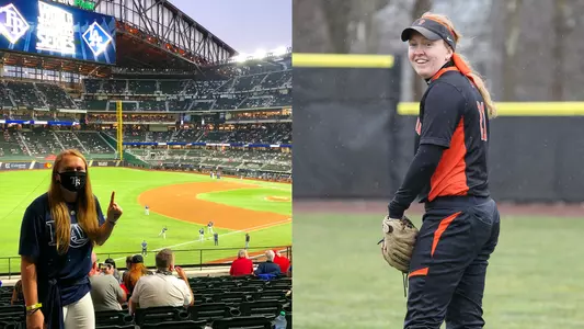 Danielle Dockx '18 at Globe Life Field for the 2020 World Series and at a Princeton softball game.