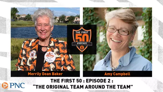 First 50 Podcast Episode 2 logo with Merrily Dean Baker and Amy Campbell