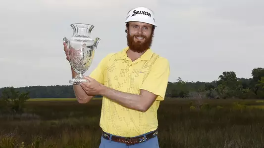 Evan Harmeling with his trophy after winning the Savannah Golf Championship on Oct. 4, 2020.
