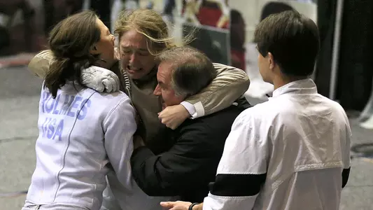 24 MAR 2013: Eliza Stone of Princeton reacts after winning the Saber event finals during the Division 1 Women's Fencing Championship held at Freeman Coliseum in San Antonio, TX. Antonio Morano/NCAA Photos