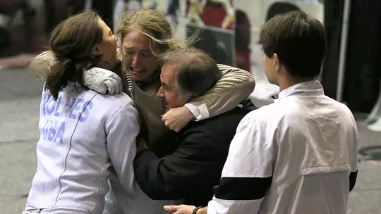 24 MAR 2013: Eliza Stone of Princeton reacts after winning the Saber event finals during the Division 1 Women's Fencing Championship held at Freeman Coliseum in San Antonio, TX. Antonio Morano/NCAA Photos