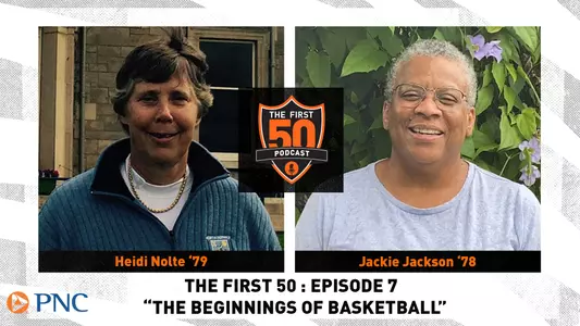 50th podcast graphic with heide nolte and jackie jackson