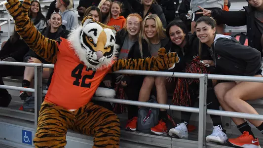 women's soccer selection show photo with tiger mascot