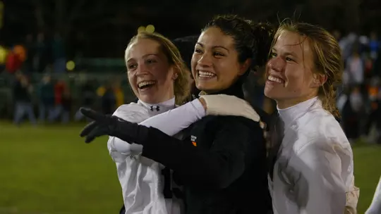 Maura Gallagher, Esmeralda Negron, Elizabeth Pillion celebration photo at 2004 NCAA women's soccer quarterfinal
