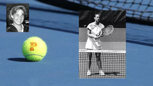 Diana Gardner headshot action photo with tennis ball/court