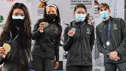 May Tieu with her gold individual medal, Alexis Anglade with her silver team medal, May Tieu with her silver team medal, Tristan Szapary with his silver team medal