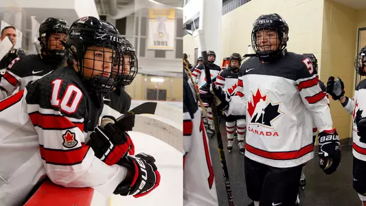 Photos of Sarah Fillier and Claire Thompson in Hockey Canada uniforms.