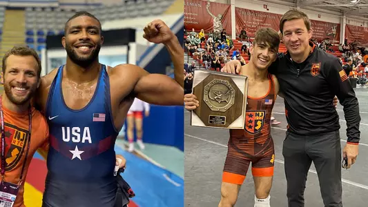 Nate Jackson, left, with club coach Reece Humphrey, and Patrick Glory, right, with Princeton head coach Chris Ayres