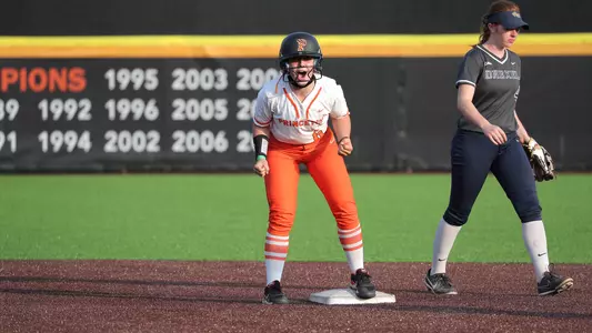 Lauren Pappert reacts to her go-ahead two-run double in the fifth inning of the second game against Drexel on May 4, 2021.