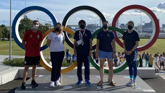 From left, Princeton fencers Mohamed Hamza, Eliza Stone '13, head coach Zoltan Dudas, Katharine Holmes '17 and Anna Van Brummen '17 in Tokyo.