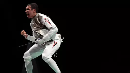 Mohamed Hamza of Team Egypt celebrates after defeating Marcus Mepstead of Team Great Britain in Men's Foil Individual second round on day three of the Tokyo 2020 Olympic Games at Makuhari Messe on July 26, 2021 in Chiba, Japan.
