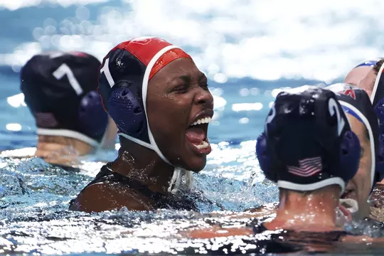 TOKYO, JAPAN - AUGUST 07: Ashleigh Johnson of Team United States celebrates the win during the Women's Gold Medal match between Spain and the United States on day fifteen of the Tokyo 2020 Olympic Games at Tatsumi Water Polo Centre on August 07, 2021 in Tokyo, Japan. (Photo by Tom Pennington/Getty Images)