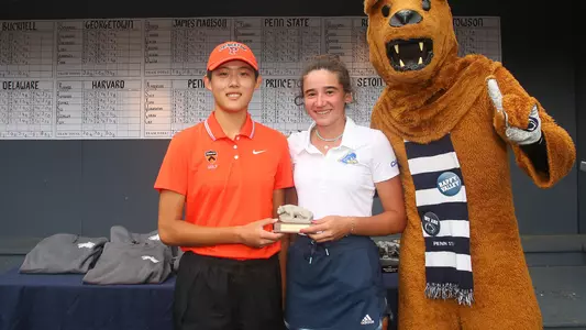Victoria Liu with Delaware's Oihana Etxezarreta after tying for runner-up at the Nittany Lion Invite