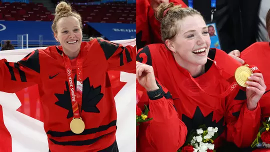 Sarah Fillier-Claire Thompson with olympic medals
